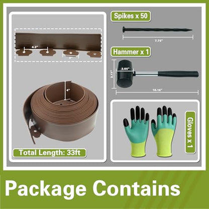 33 ft No Dig Landscape Edging Kit with 50 Spikes, Hammer & Gloves, 4in high - color: Brown, size: 4in x 33ft