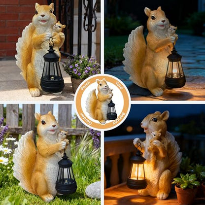 Solar Squirrel Statue with Lantern, Cute Resin Animal Garden Decor - color: Yellow Squirrel Statue