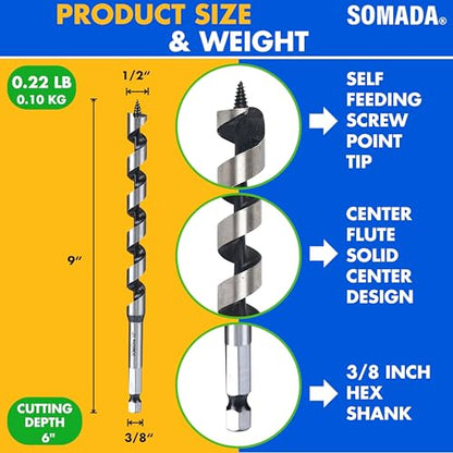 SOMADA 1/2" x 9" Auger Drill Bit for Wood, Ship Auger Hex Shank - size: 1/2"x9" Silver