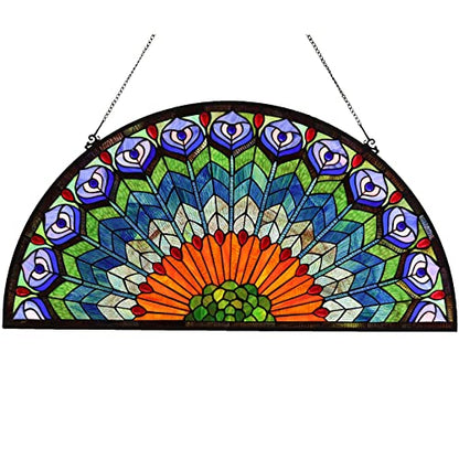 Bieye W10034 Blue Peacock Feather Tiffany Style Stained Glass Window Panel - size: 36Wx18H Half-round
