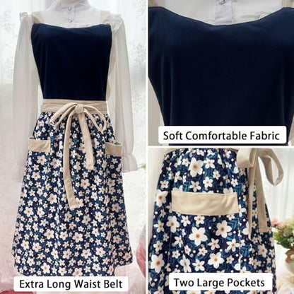 Pinafore Apron Dress for Women with Pockets Adjustable Floral Kitchen Apron - color: Navy