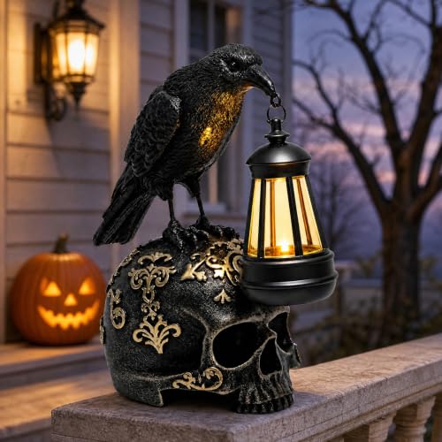 EPOTUE Halloween Solar Raven Skull Lantern, Gothic Resin Crow Skull Decor - color: Crow