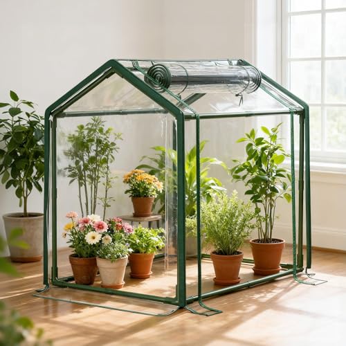 Mini Greenhouse with Zippered Doors & Roll-up Windows, Elevated Bottom Portable Plant Hot House with Durable PVC Cover, Water Resistant, UV Protected for Outdoor Flowers, Vegetables
