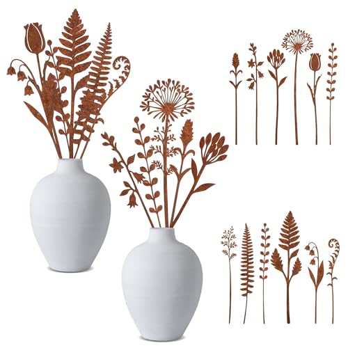 12 Pcs Rusty Metal Flowers and Plants, Rustic Fern Leaf Garden Stakes - color: 12pc