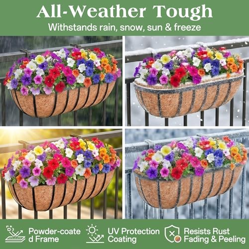 ZeeDix 24 Inch Railing Planter Box, 2 Pack Metal Window Box with Coco Liner