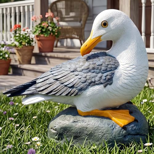 Real Seagull Outdoor Sculpture,Garden Funny Bird Statue,Beach Statue,Resin Animal Seabird Ornaments,Coastal Beach Decor for Outdoor Table Decor for Garden,Terrace,Lawn,Yard - color: White Blue