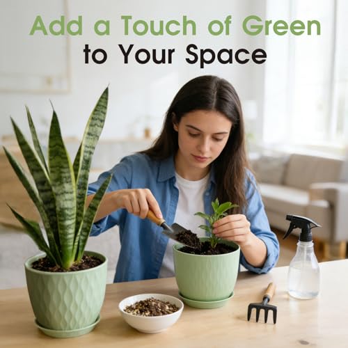 GARDIFE 5-Pack Plastic Plant Pots 7-10in with Drainage & Saucers, Green - color: Green