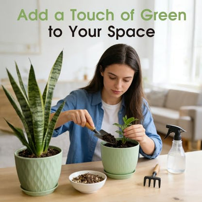 GARDIFE 5-Pack Plastic Plant Pots 7-10in with Drainage & Saucers, Green - color: Green