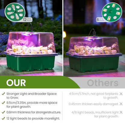 MIXC 4 Pack Seed Starter Kit with Grow Light, Vented Humidity Dome, Green - color: Green, size: 12 Cells With Light-4 Packs