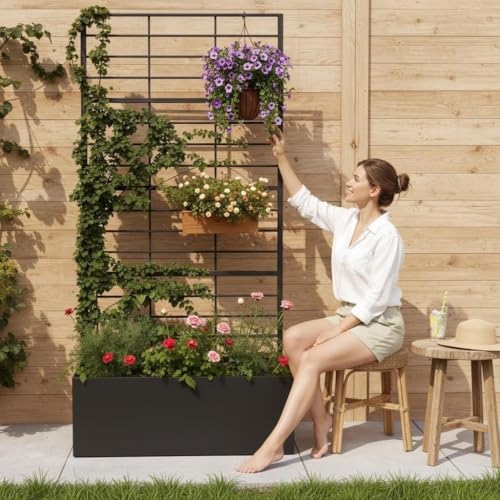 Metal Planter Box with Trellis, 35" Lx15.7 Wx70.8 H Metal Raised Garden Bed with Trellis and Drainage Holes, Outdoor Standing Flower Bed for Climbing Plants,Vegetables,and Vines - size: 1 PCS 35" Lx15.7" Wx70.8" H