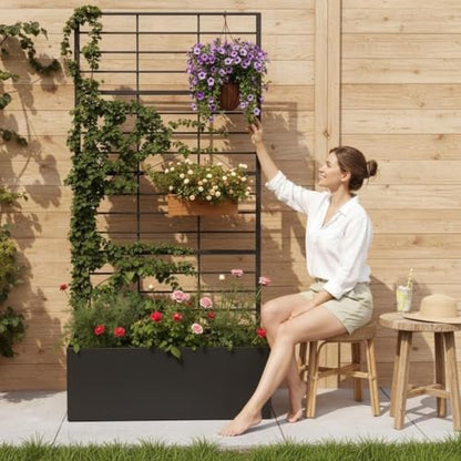 Metal Planter Box with Trellis, 35" Lx15.7 Wx70.8 H Metal Raised Garden Bed with Trellis and Drainage Holes, Outdoor Standing Flower Bed for Climbing Plants,Vegetables,and Vines - size: 1 PCS 35" Lx15.7" Wx70.8" H