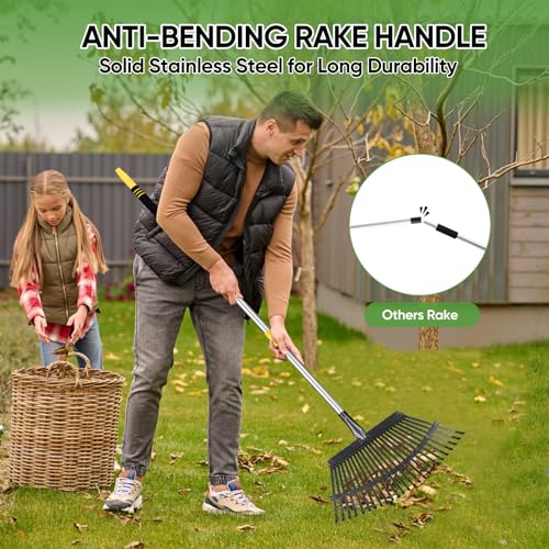 Heavy Duty Garden Rake 6FT Long Leaf Rake for Lawn - style: Stainless steel - Yellow
