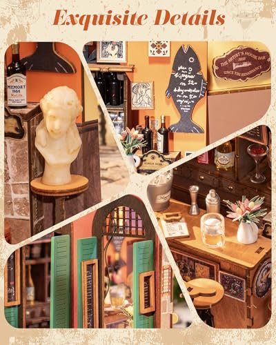 ROBOTIME DIY Miniature House Kit, Mini Diorama House for Adults, Wooden Furniture Kit with LED, Tiny House Dollhouse Building Kits for Halloween/Christmas/Birthday Gifts - color: Cheers Bar & Dining