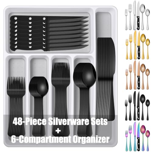 Black 49 Pieces Stainless Steel Flatware Sets With Organizer,Black Silverware Sets With Steak Knives Service For 8,Black Tableware Cutlery Sets For Home Kitchen - color: Black