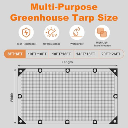 18 Mil Greenhouse Cover, 8x6 FT Clear Heavy Duty Greenhouse Tarp, UV Resistant Waterproof Green House Plastic Covering with Grommets for Garden, Farms, Nursery - size: Clear White 8FTx6FT
