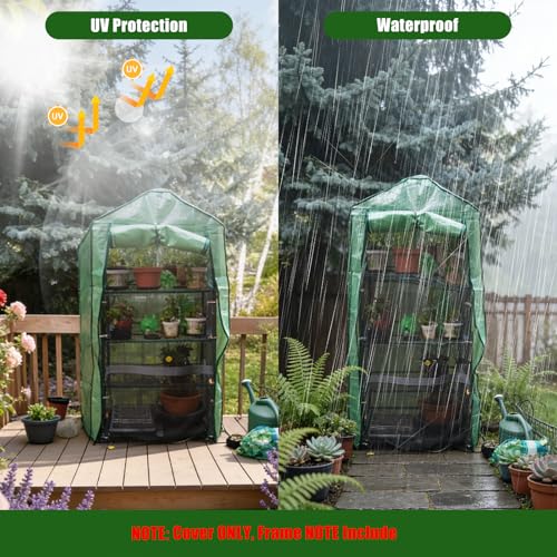 4 Tier Mini Greenhouse Replacement Cover 63×27.2×19.3in, Frame Not Included - color: Green-63" x 27.2" x 19.3"(PE)