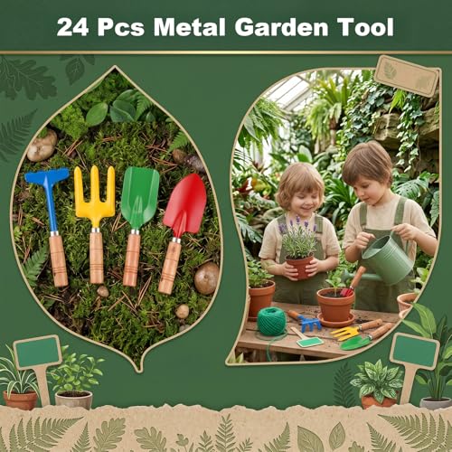 24 Pcs Mini Gardening Tools, Metal Shovel Rake Fork Trowel ，Wooden Handle