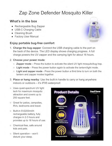 Zap Zone Defender Bug Zapper Outdoor Indoor Rechargeable Mosquito Zapper