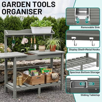 PLUUV Potting Bench with Removeable Sink, Garden Potting Table, Light Grey - color: Light Grey