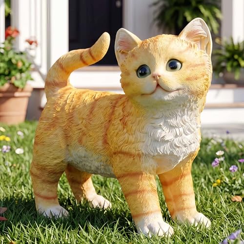 Orange Tabby Cat Statue 8.27in, Resin Pet Memorial Garden Decor - color: Orange Cat