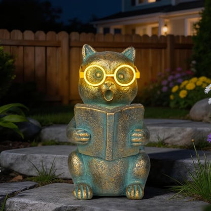 Solar Reading Cat Decor with Light-Up Glasses Patina Garden Statues - size: Cat