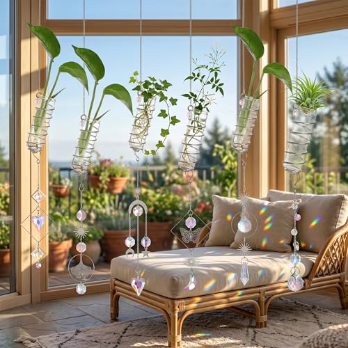 6Pcs Wall Hanging Glass Propagation Station with Crystal Planter Suncatcher - color: Silver-2