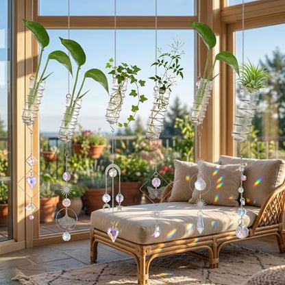 6Pcs Wall Hanging Glass Propagation Station with Crystal Planter Suncatcher - color: Silver-2