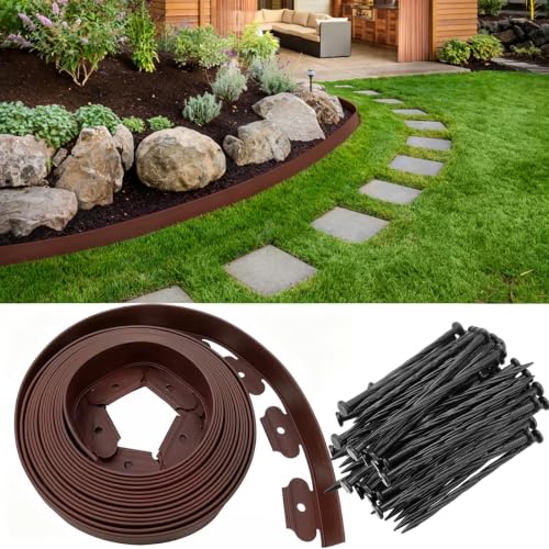 Garden Edging 33FT, 2in Tall Plastic Landscape Edging Borders Kit, Flexible Lawn Edging with 50pcs Anchoring Stakes, Border Edge for Landscaping, Yard, Flowerbeds, Sidewalks, Paving, Brown - color: Brown, size: 2IN x 33FT
