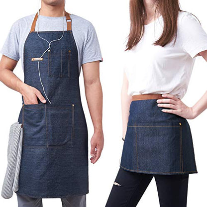 2 Packs Waist Denim Aprons for Restaurant Kitchen Women Waitress Denim Apron - color: Blue