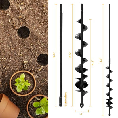 Auger Drill Bit for Planting 2x32'' - with Extension -3/8'' Hex Drive Drill - size: 2" x 32" (1 Bit)