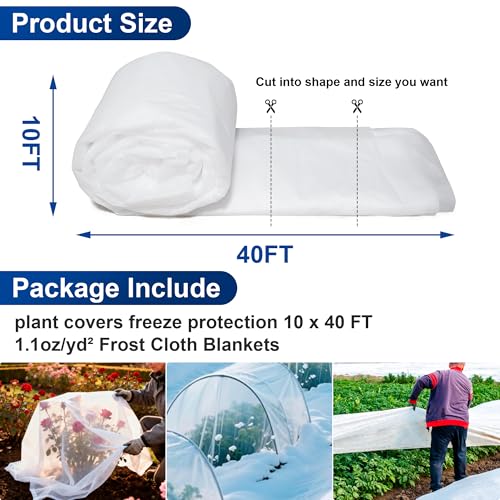 Plant Covers Freeze Protection, 10 * 40FT 1.1 oz/yd² Large Thick Frost Blankets for Outdoor Plants in Winter, Floating Row Cover for Vegetable Garden, Frost Cloth Plant Freeze Protection