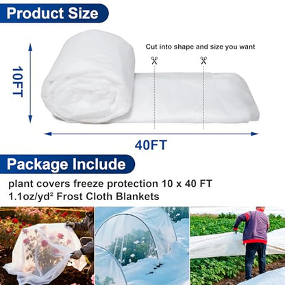 Plant Covers Freeze Protection, 10 * 40FT 1.1 oz/yd² Large Thick Frost Blankets for Outdoor Plants in Winter, Floating Row Cover for Vegetable Garden, Frost Cloth Plant Freeze Protection