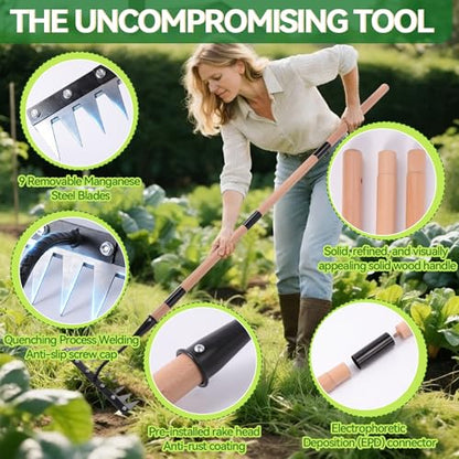 Gardenia 9-Tine Iron Weeding Rake, Heavy Duty Weed Puller for Garden Soil