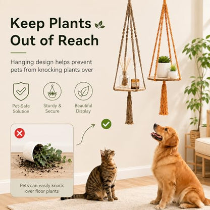 Macrame Hanging Planter with Shelf, Boho Plant Hanger for Indoor Window - color: Khaki + Orange