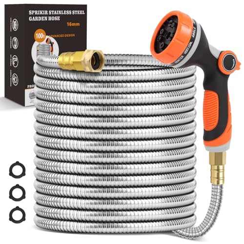 Metal Garden Hose 100 ft, Stainless Steel Water Hose 100ft with 10 Function Nozzle & 3/4 Copper Fitting, Heavy Duty & Flexible, Kink Free & Lightweight for Yard, Outdoor, Lawn, Patio & Car - size: 100ft