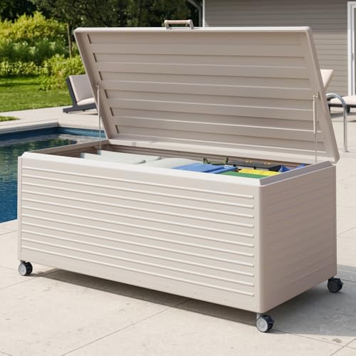 MIRADOR 281 Gallon Outdoor Storage Box with Wheels & Soft-Close Lid, Waterproof Metal Deck Box for Patio Cushions, Garden Tools & Pool Accessories, Latte - color: Latte, size: 281 Gallon