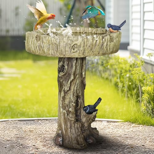 SunJet 24.4 Inch Heigh Wood-Look Concrete Bird Bath with Decorative Faux Bird – birdbath Rustic & Long-Lasting Design, Enhances Garden, Patio, Yard, Lawn Décor - color: Wooden, size: 24.4 Inch