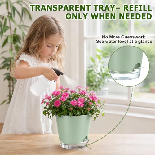 5/5.5/6/6.5/7/8 Inch Self Watering Pots Visible Water Level Indoor/Outdoor - color: Green