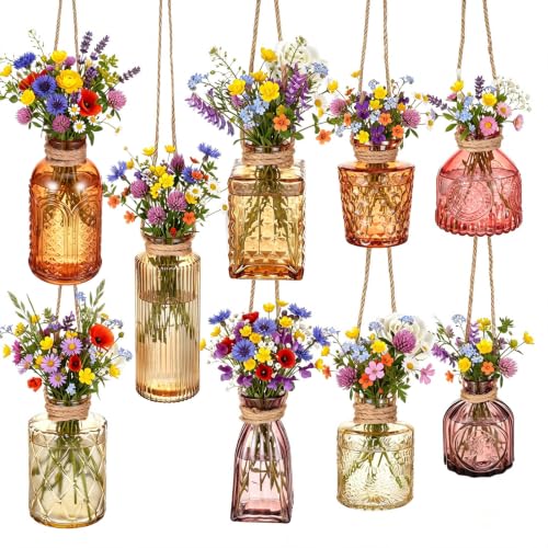 Baderke 9 Pcs Window Propagation Glass Vases with Jute Rope Mini Vintage Embossed Wall Vases for Plant Lover Wedding Hydroponic Garden Home Decoration (Multicolor) - color: Multicolor