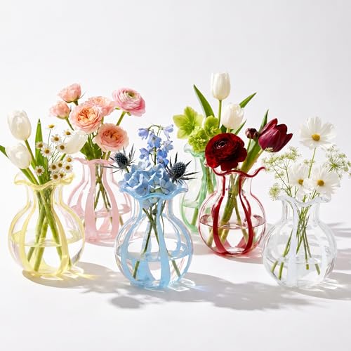 6-Piece 4.5" Ruffled Ribbon Small Vases for Flowers Hand-Blown Glass Vases
