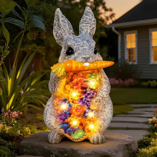 Guhope Solar Garden Statues, Outdoor Bunny Decor with Succulent and 6 LED Lights, Outside Yard Figurine Decor for Garden, Lawn, Balcony, Porch, Unique Gifts for Mom Grandma - size: 9.4in Bunny