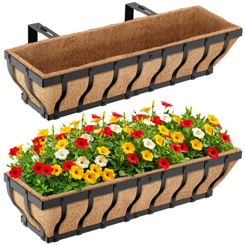 VOXOR Railing Planter Boxes, Heavy Duty Window Box Planters, Adjustable Balcony Planters for Railing Hanging, with Coco Liner for Deck, Porch, and Patio Gardening (2 Pack, 30 Inch) - size: 30 Inch