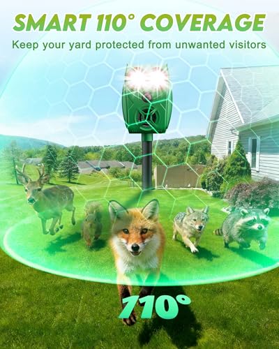 Solar Ultrasonic Animal Repellent with Motion Sensor - Waterproof Deer Repellent Device with LED Lights for Yard, Effective Against Deer, Coyotes, Raccoons & Cats
