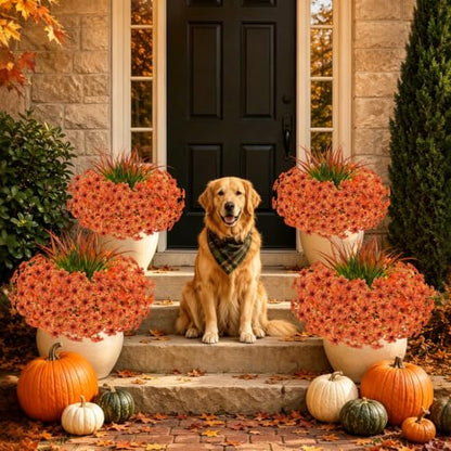 15 Pcs Fake Mums Artificial Fall Flowers for Outdoor Decorations, Orange