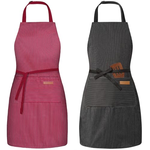 BeLuyi 2 Pack Adjustable Bib Apron with 2 Pockets Chef Cooking Kitchen Restaurant Aprons for Women Men - color: Wine/Black Pinstripes