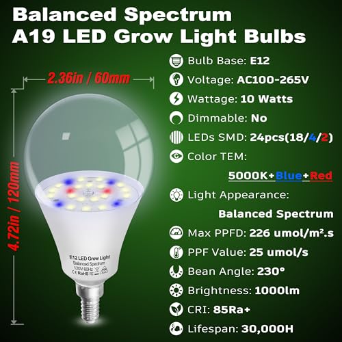 ALIDE Full Spectrum Grow Light Bulbs for Indoor Plants E12 Candelabra Base - size: E12