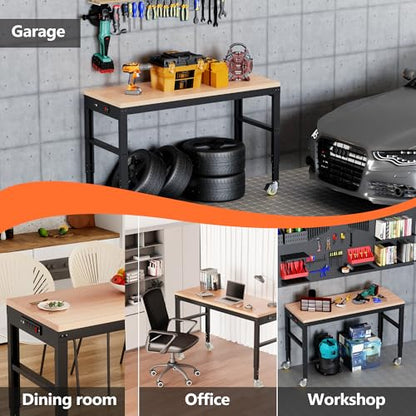 Antifir 60" Adjustable Workbench, Heavy Duty Wood Workstation - size: 60x24" With Wheel
