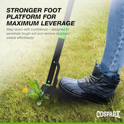 COSPARX Weed Puller Tool with Long 43” Handle, No Bending, Easy Eject – Removes Weeds Effortlessly, Sturdy Foot Pedal & Lightweight Aluminum - 4-Claw Hand Weeding Tool