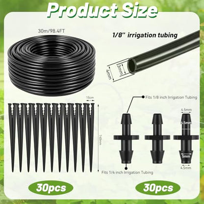 98 FT 1/8" Drip Irrigation Tubing Kits-30 Barbed Coupling+Stakes