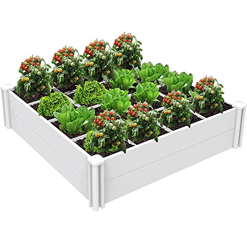 4'x4' Vinyl Raised Garden Bed Kit Outdoor Above Ground Planter Box - size: 48"L x48"W x13.3"H with Grid